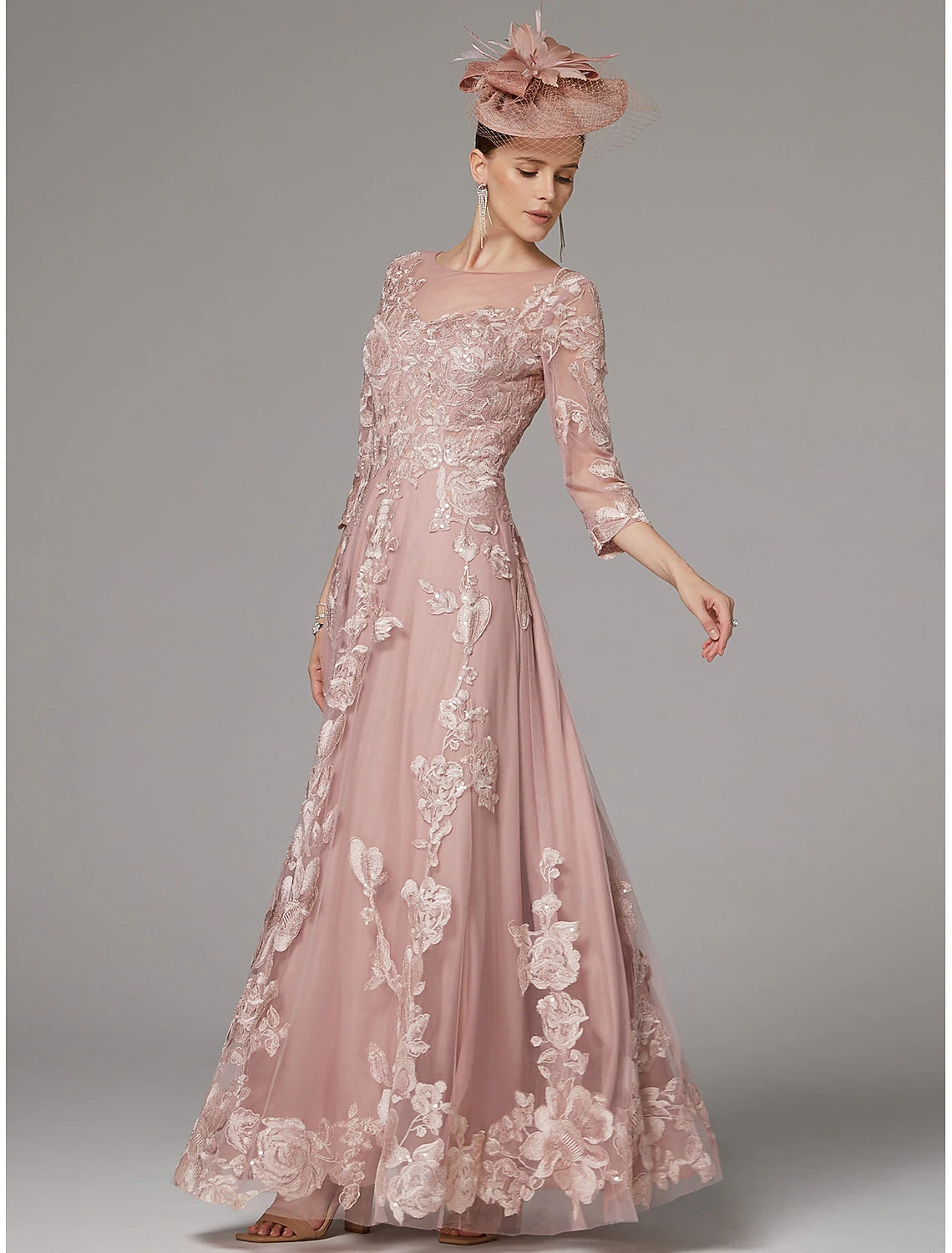 Buyishang A-Line Dress Mother of the Bride Dress Elegant Jewel Neck Floor Length Lace 3/4 Length Sleeve with Lace Pleats Appliques